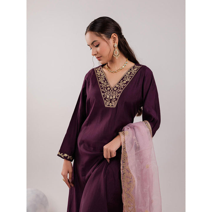 Yufta Purple Silk Embroidered Kurta and Pants with Dupatta (Set of 3)