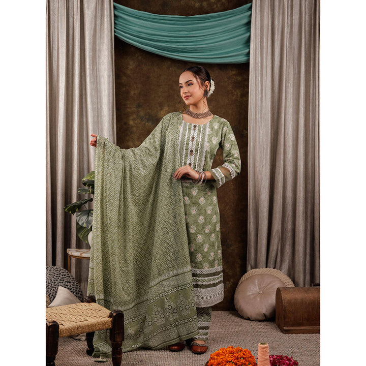 Yufta Green Ethnic Motifs Pure Cotton Kurta and Pants with Dupatta (Set of 3)