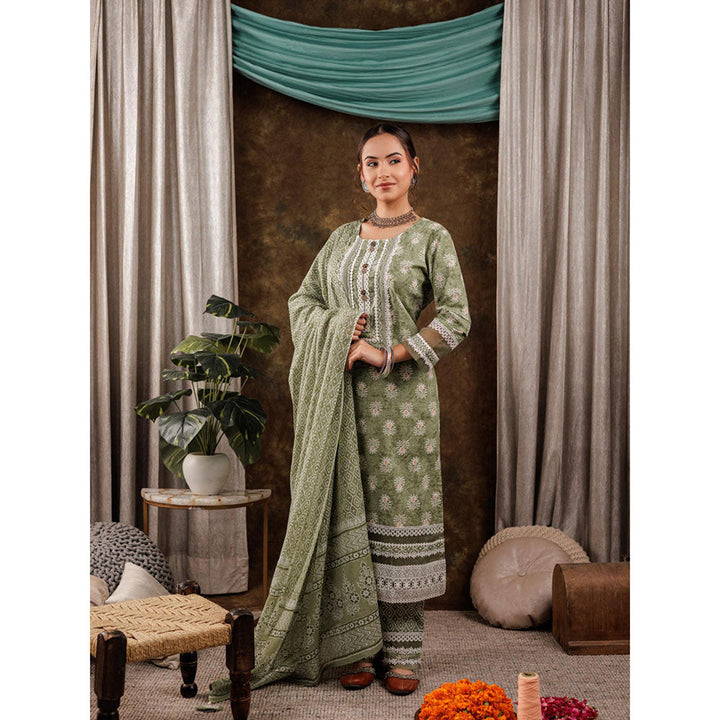 Yufta Green Ethnic Motifs Pure Cotton Kurta and Pants with Dupatta (Set of 3)