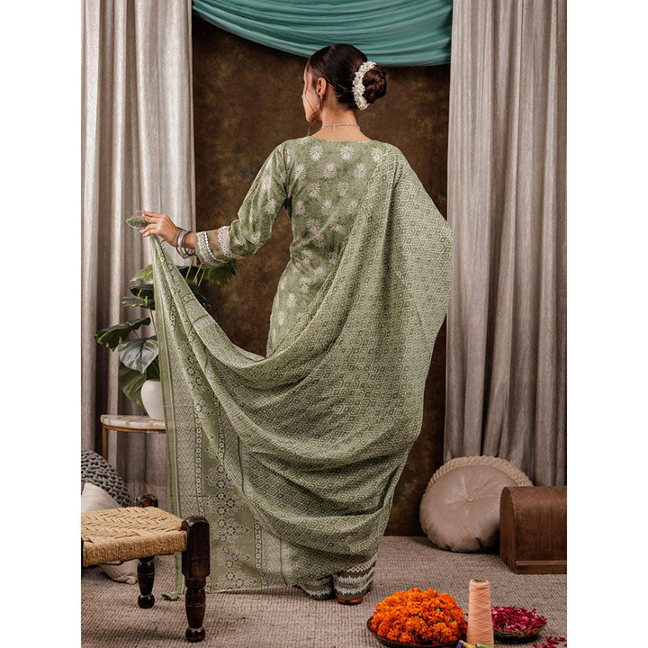 Yufta Green Ethnic Motifs Pure Cotton Kurta and Pants with Dupatta (Set of 3)