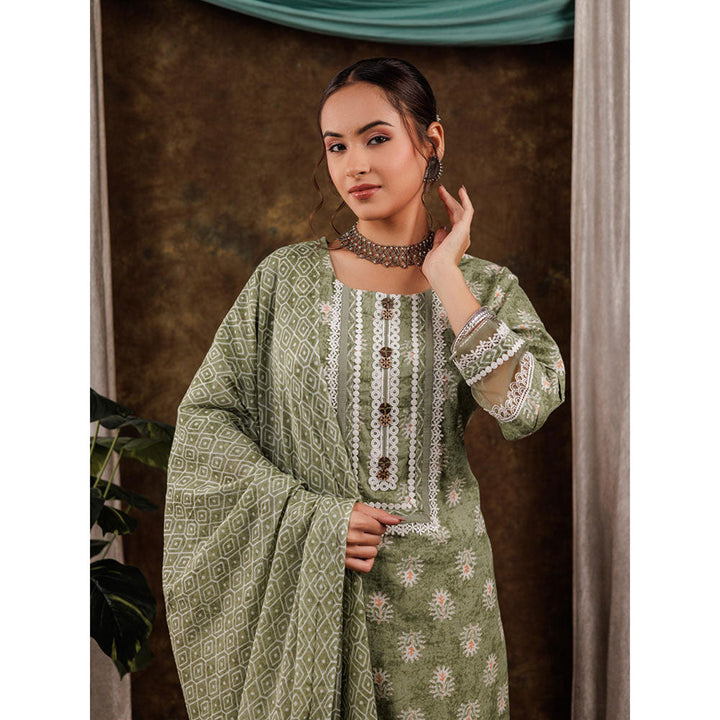 Yufta Green Ethnic Motifs Pure Cotton Kurta and Pants with Dupatta (Set of 3)