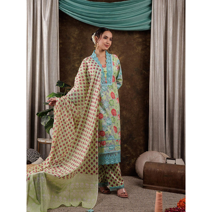 Yufta Green Floral Kurta and Pants with Dupatta (Set of 3)