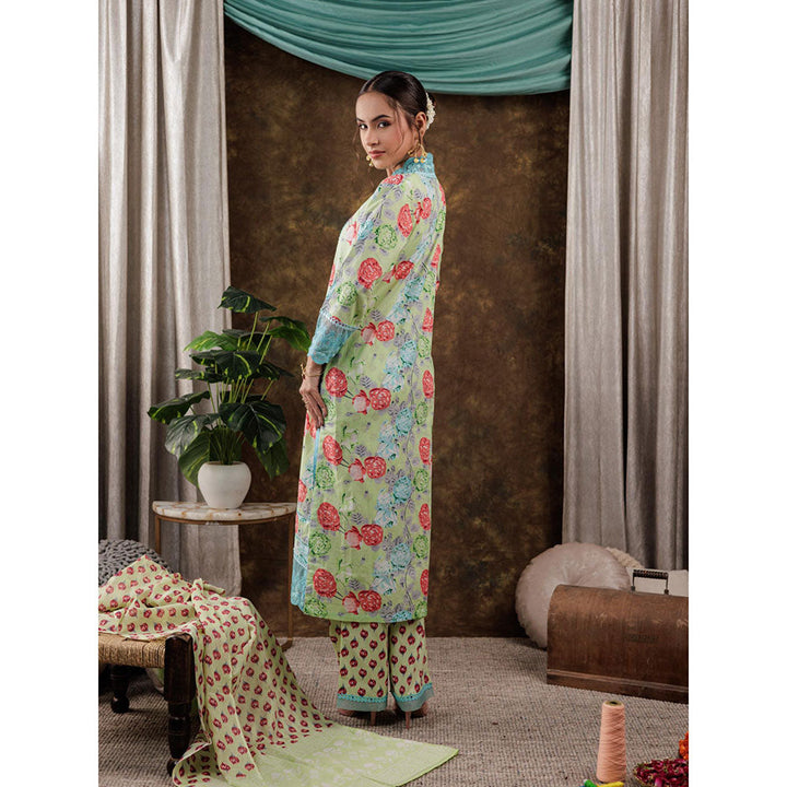 Yufta Green Floral Kurta and Pants with Dupatta (Set of 3)