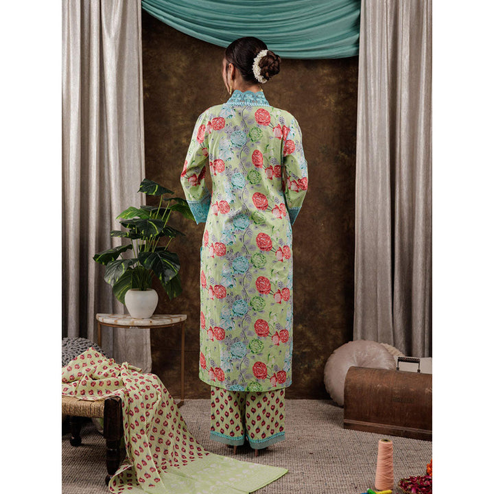 Yufta Green Floral Kurta and Pants with Dupatta (Set of 3)