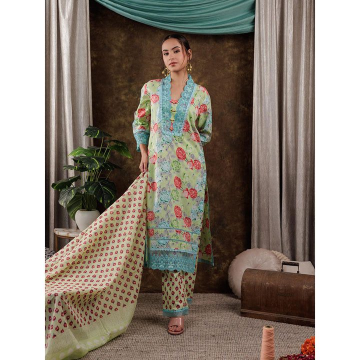 Yufta Green Floral Kurta and Pants with Dupatta (Set of 3)