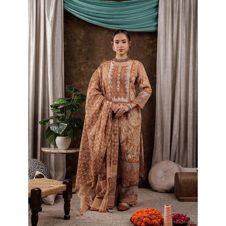 Yufta Brown Cotton Kurta and Pants with Dupatta (Set of 3)