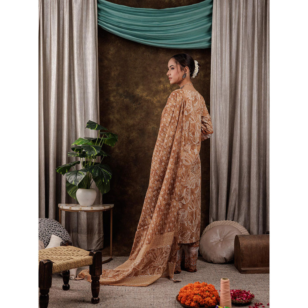 Yufta Brown Cotton Kurta and Pants with Dupatta (Set of 3)