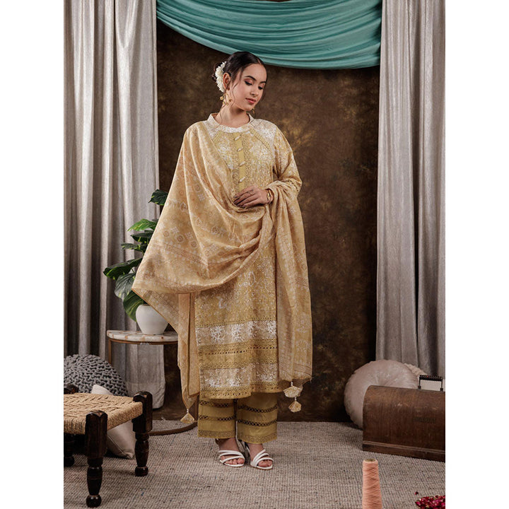 Yufta Mustard Cotton Schiffli Kurta and Pants with Dupatta (Set of 3)