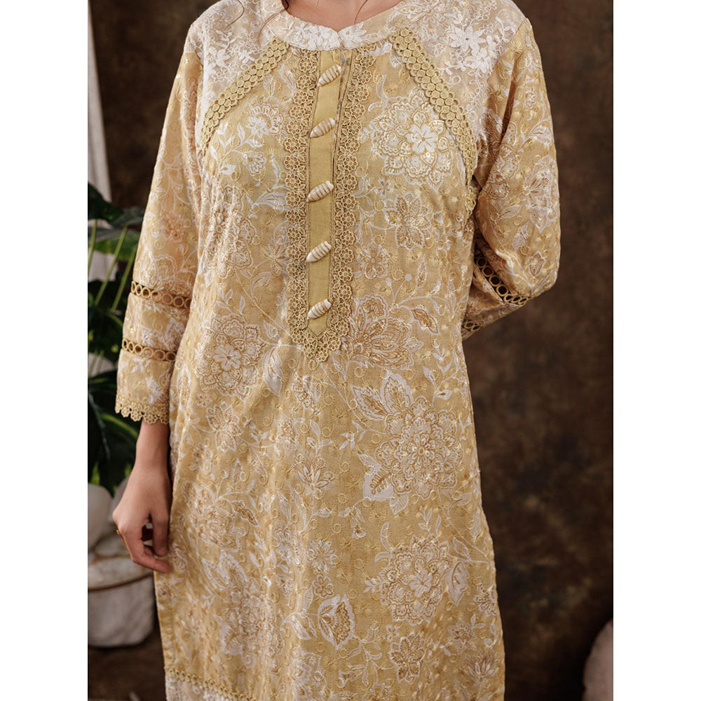 Yufta Mustard Cotton Schiffli Kurta and Pants with Dupatta (Set of 3)