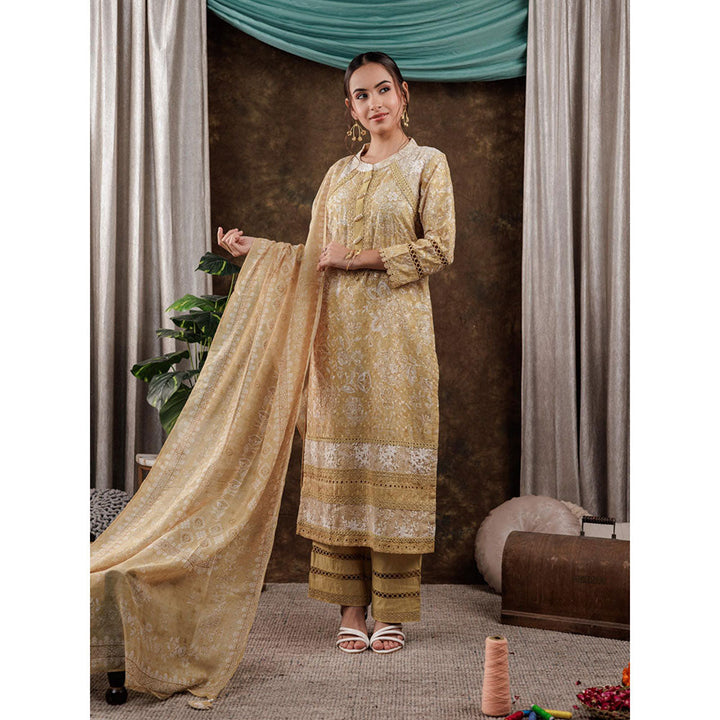 Yufta Mustard Cotton Schiffli Kurta and Pants with Dupatta (Set of 3)