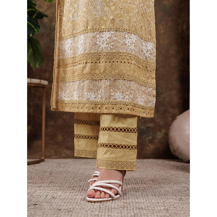 Yufta Mustard Cotton Schiffli Kurta and Pants with Dupatta (Set of 3)