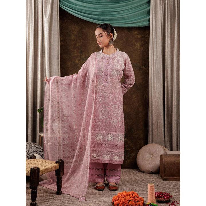 Yufta Pink Cotton Schiffli Kurta and Pants with Dupatta (Set of 3)