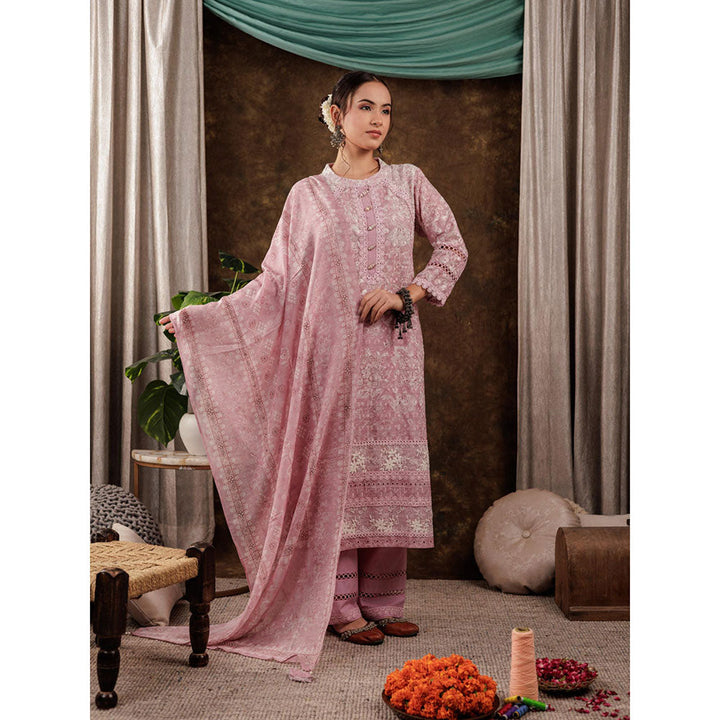 Yufta Pink Cotton Schiffli Kurta and Pants with Dupatta (Set of 3)