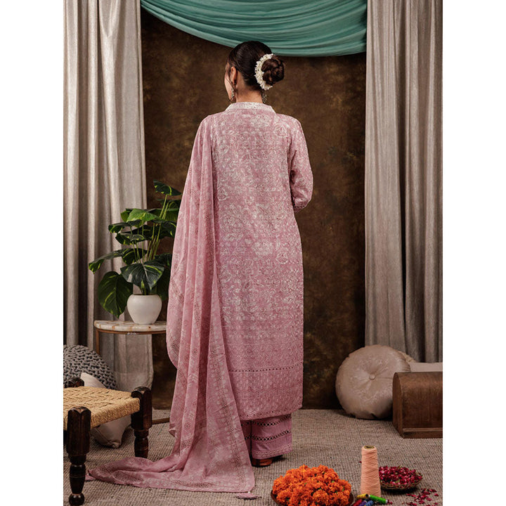 Yufta Pink Cotton Schiffli Kurta and Pants with Dupatta (Set of 3)