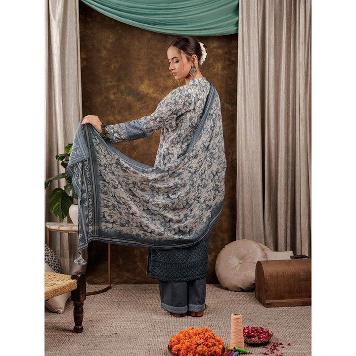 Yufta Grey Cotton Schiffli Kurta and Pants with Dupatta (Set of 3)