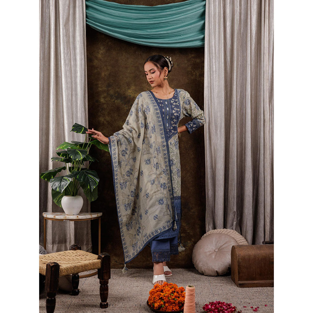 Yufta Green Cotton Schiffli Floral Print Kurta and Pants with Dupatta (Set of 3)