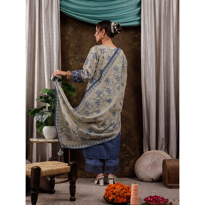 Yufta Green Cotton Schiffli Floral Print Kurta and Pants with Dupatta (Set of 3)