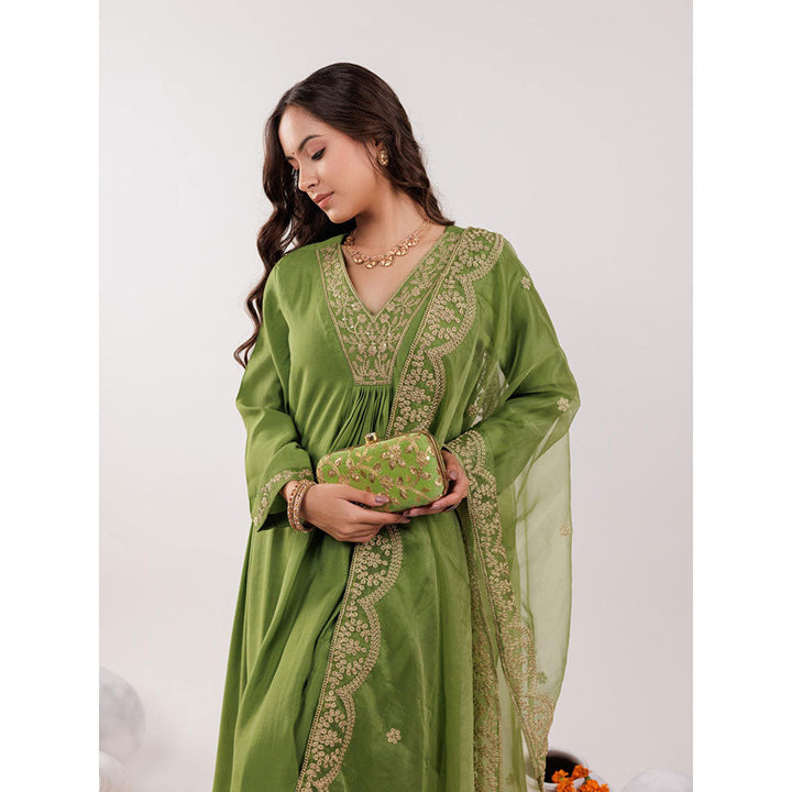 Yufta Green Silk Embroidered Kurta and Pants with Dupatta (Set of 3)