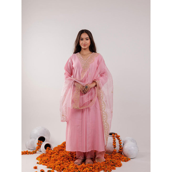 Yufta Pink Silk Embroidered Kurta and Pants with Dupatta (Set of 3)