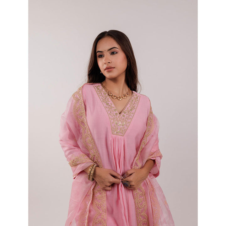 Yufta Pink Silk Embroidered Kurta and Pants with Dupatta (Set of 3)