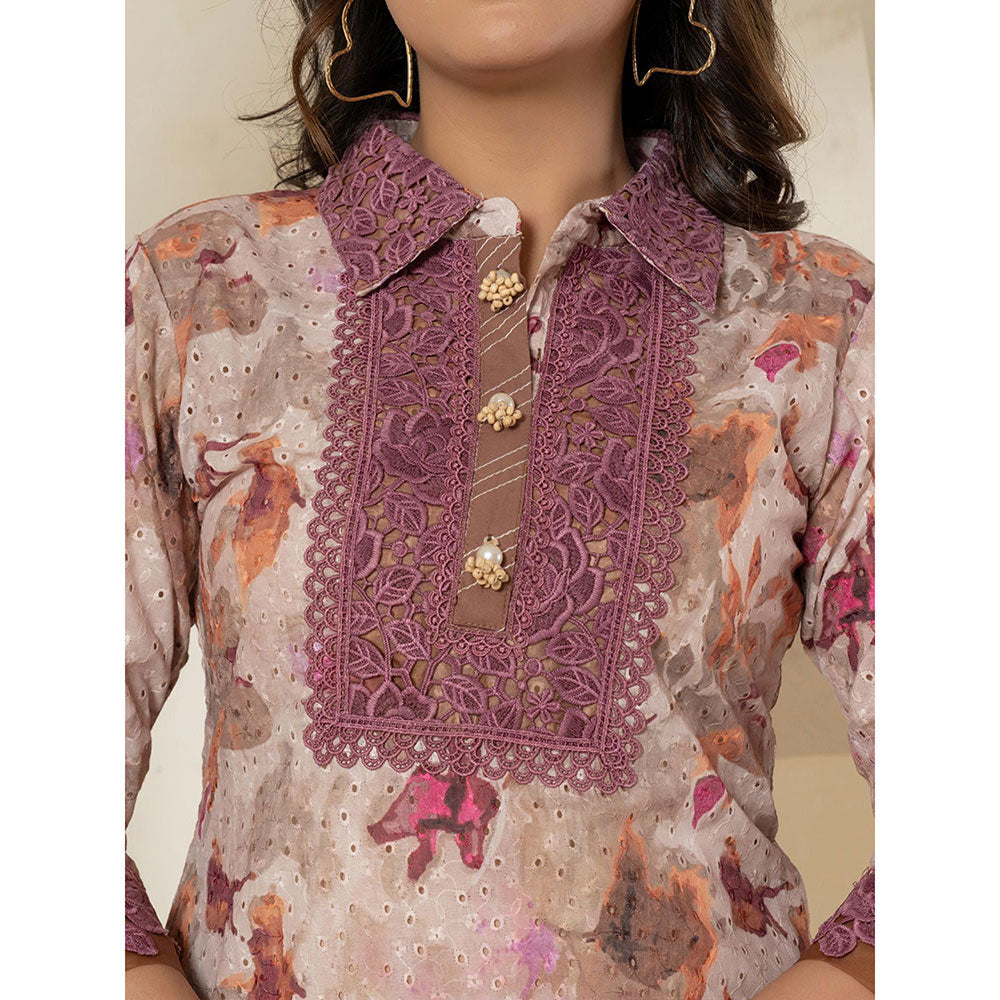 Yufta Purple Schiffli Kurta and Pant (Set of 2)