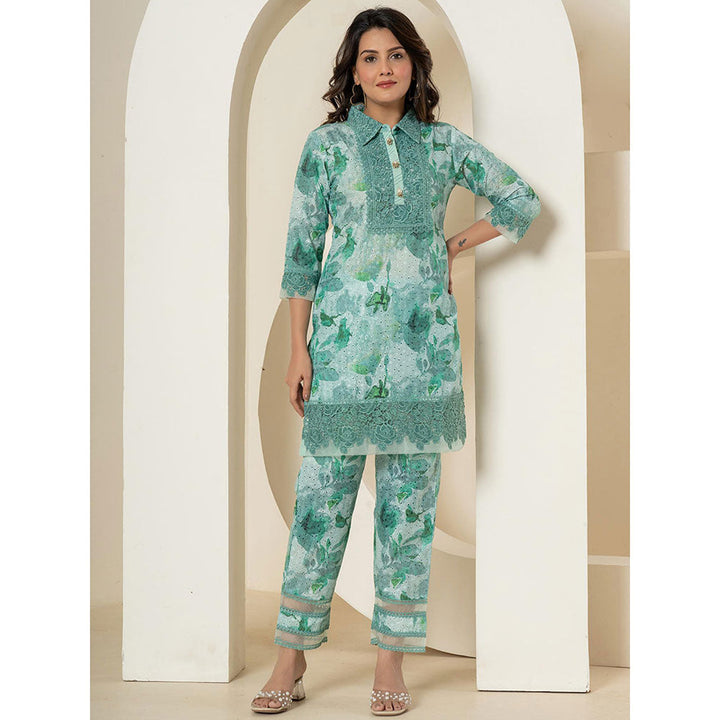 Yufta Sea Green Schiffli Kurta and Pant (Set of 2)