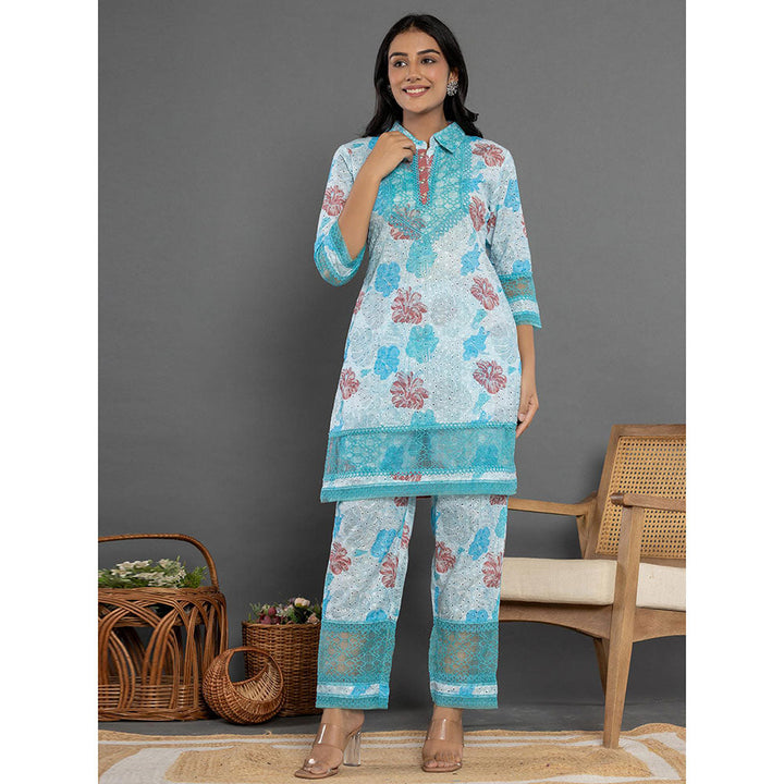 Yufta Blue Schiffli Printed Kurta and Pant (Set of 2)