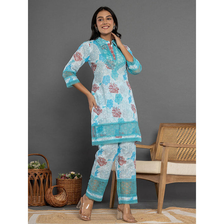 Yufta Blue Schiffli Printed Kurta and Pant (Set of 2)