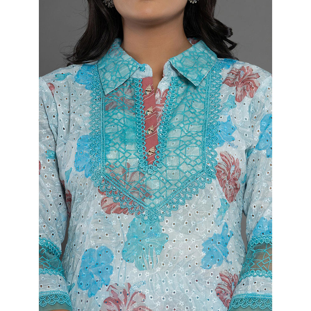 Yufta Blue Schiffli Printed Kurta and Pant (Set of 2)