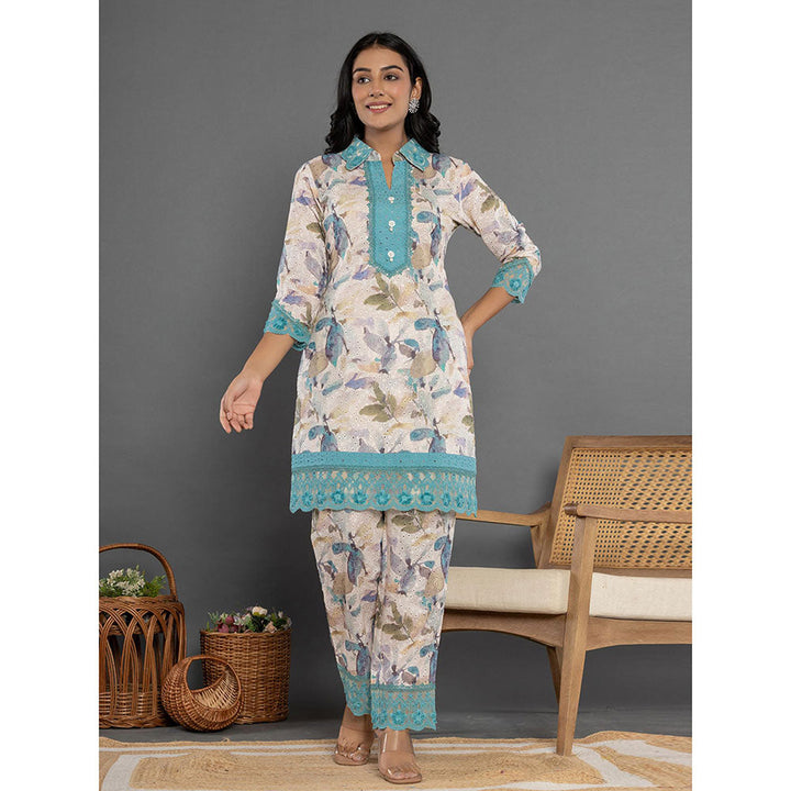 Yufta Blue Schiffli Printed Kurta and Pant (Set of 2)