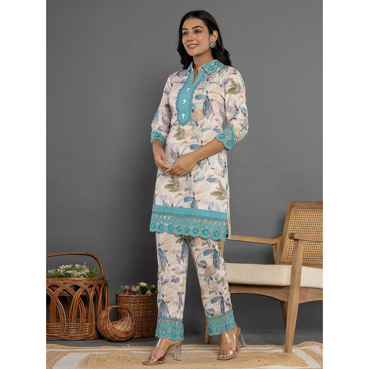 Yufta Blue Schiffli Printed Kurta and Pant (Set of 2)