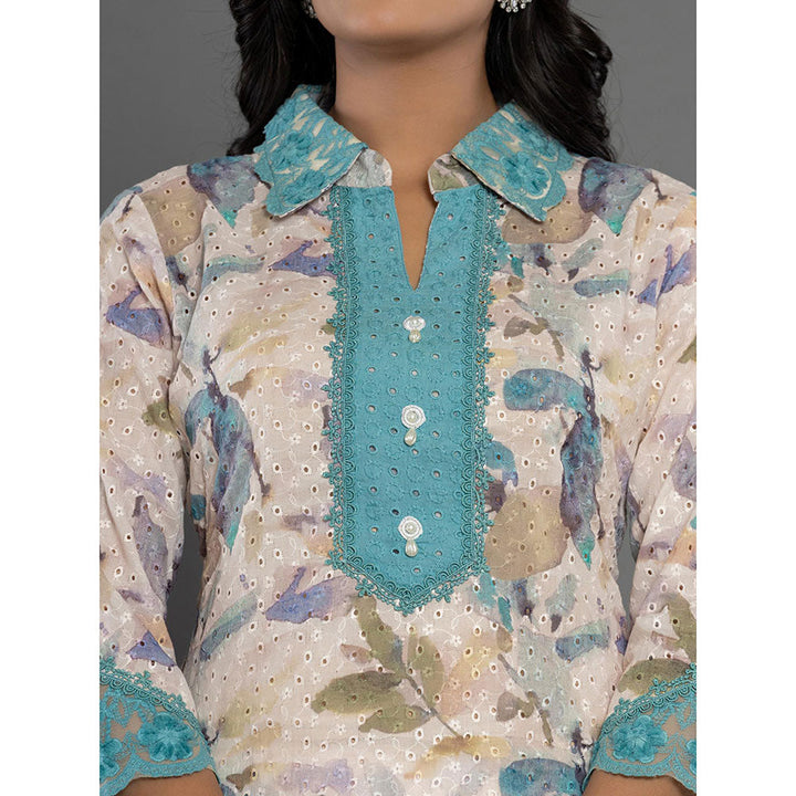 Yufta Blue Schiffli Printed Kurta and Pant (Set of 2)