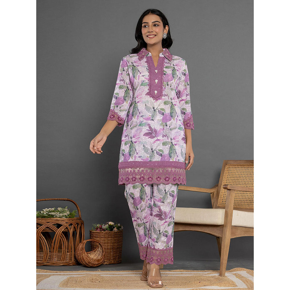 Yufta Purple Schiffli Printed Kurta and Pant (Set of 2)