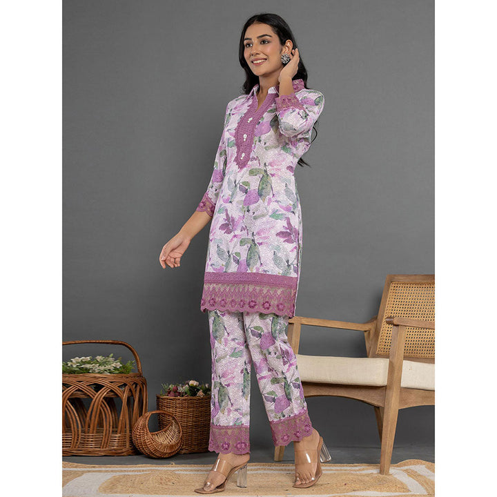 Yufta Purple Schiffli Printed Kurta and Pant (Set of 2)