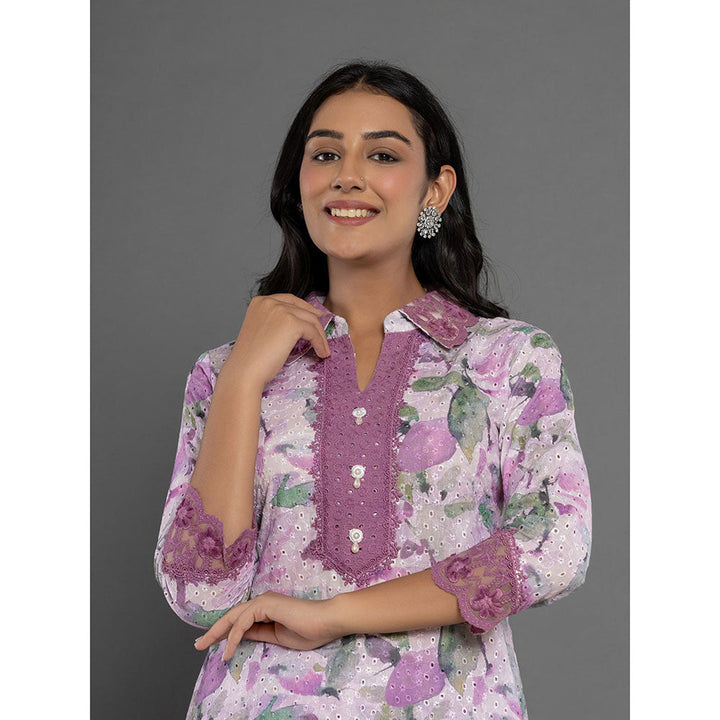 Yufta Purple Schiffli Printed Kurta and Pant (Set of 2)