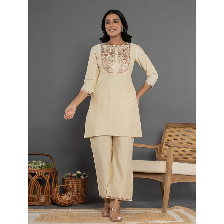 Yufta Cream Floral Embroidered Kurta and Pant (Set of 2)