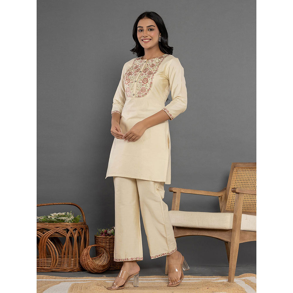 Yufta Cream Floral Embroidered Kurta and Pant (Set of 2)