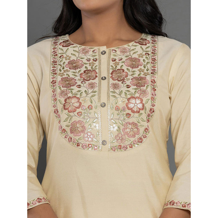 Yufta Cream Floral Embroidered Kurta and Pant (Set of 2)