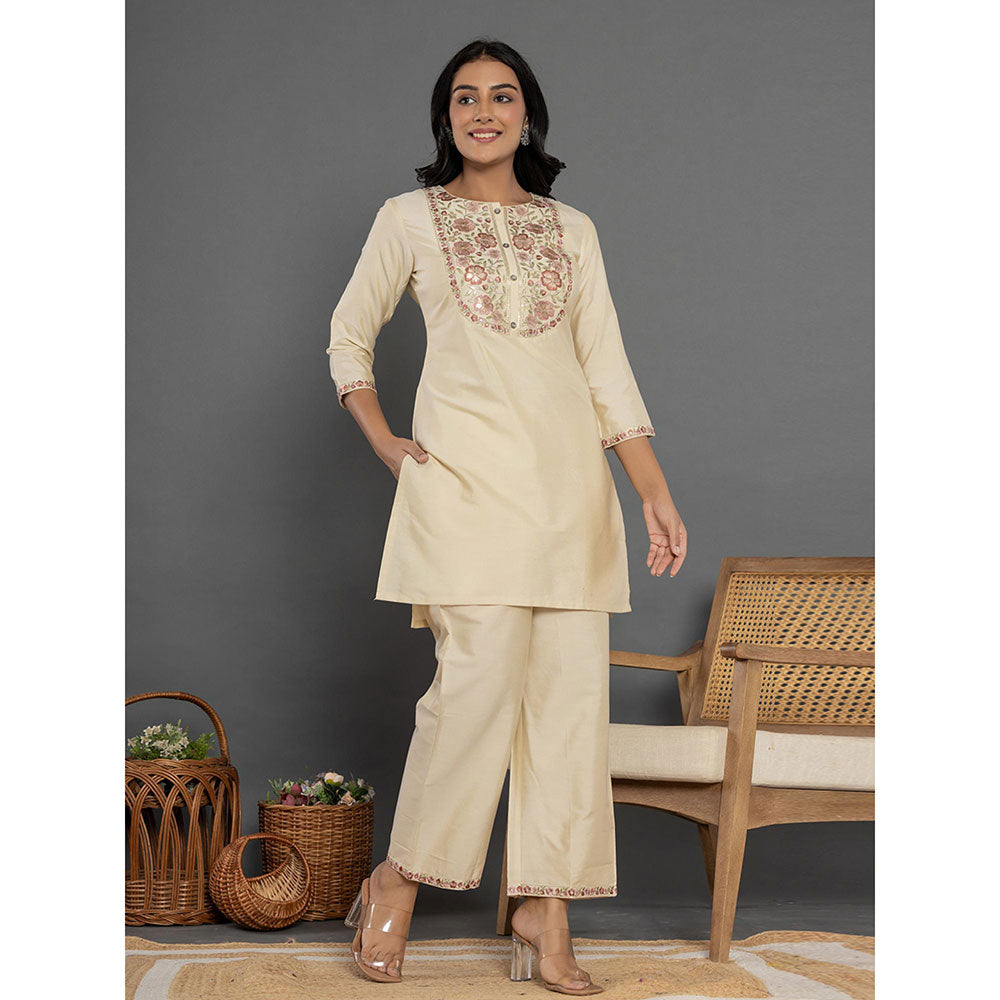 Yufta Cream Floral Embroidered Kurta and Pant (Set of 2)