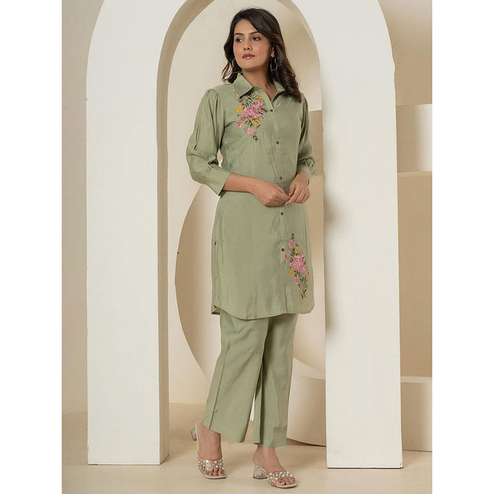 Yufta Olive Floral Embroidered Kurta and Pant (Set of 2)