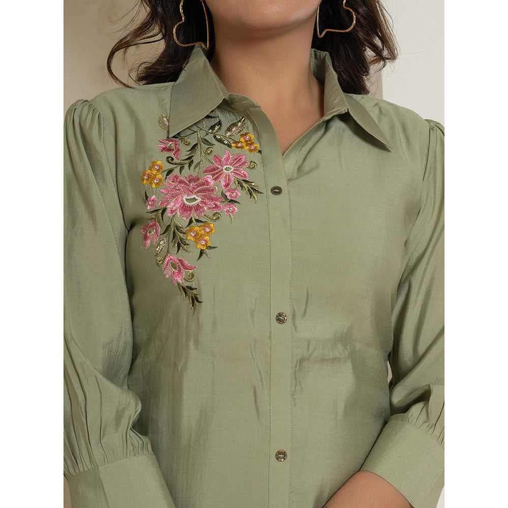 Yufta Olive Floral Embroidered Kurta and Pant (Set of 2)