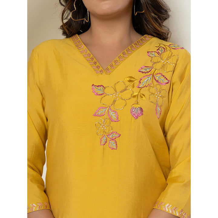 Yufta Yellow Floral Embroidered Kurta and Pant (Set of 2)