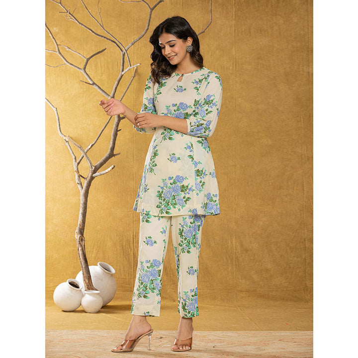 Yufta Blue Floral Print Kurta and Pant (Set of 2)