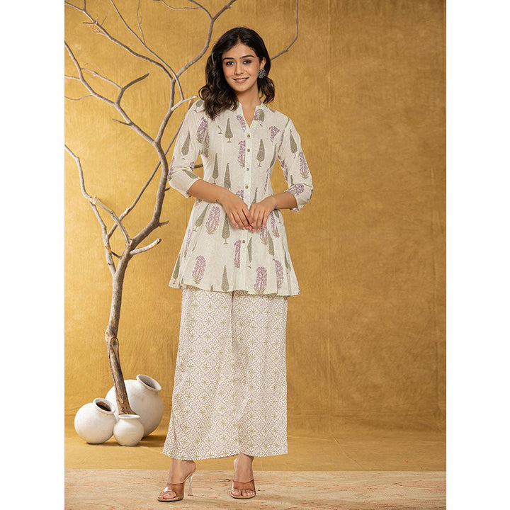 Yufta Cream Printed Kurti and Palazzo (Set of 2)