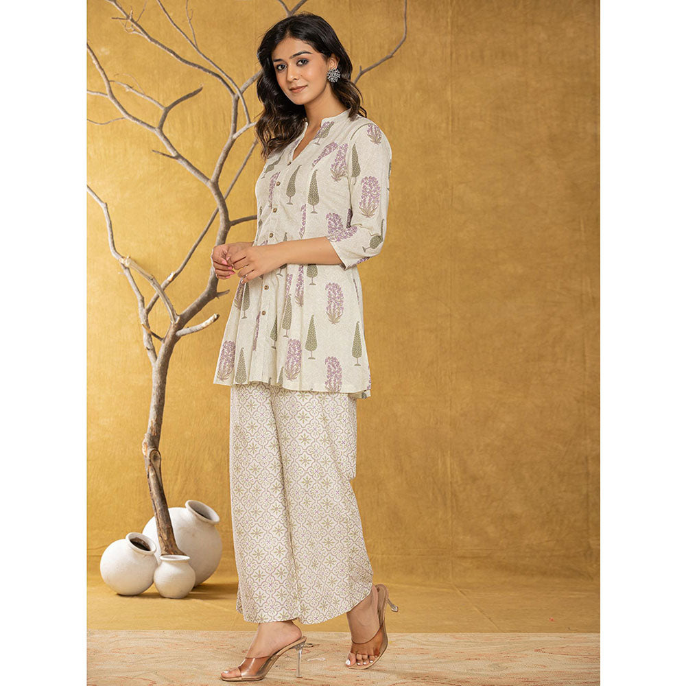 Yufta Cream Printed Kurti and Palazzo (Set of 2)