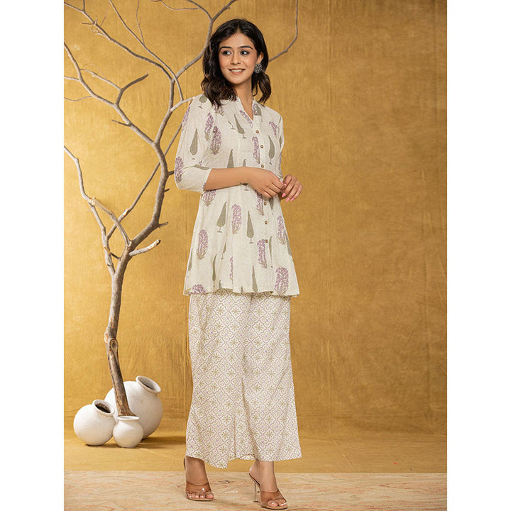 Yufta Cream Printed Kurti and Palazzo (Set of 2)