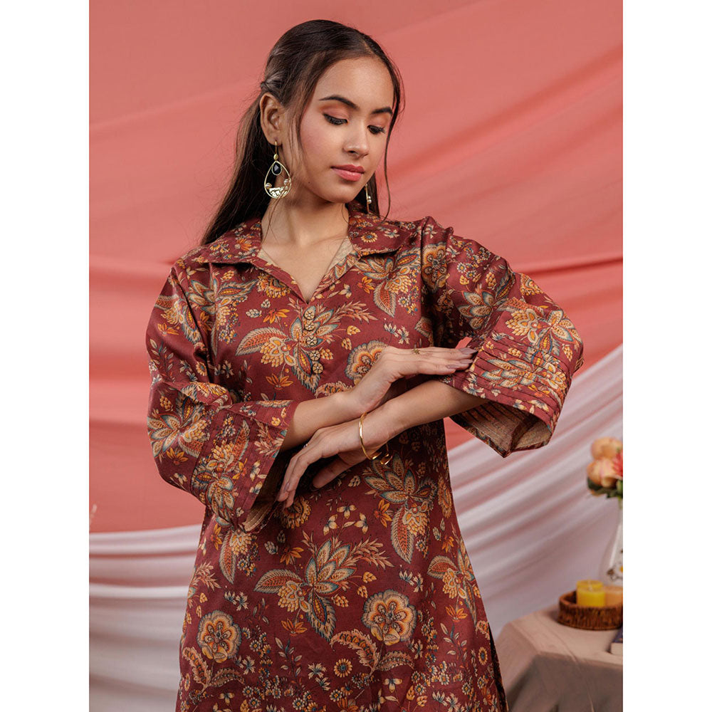 Yufta Maroon Floral Printed Kurta and Palazzo (Set of 2)