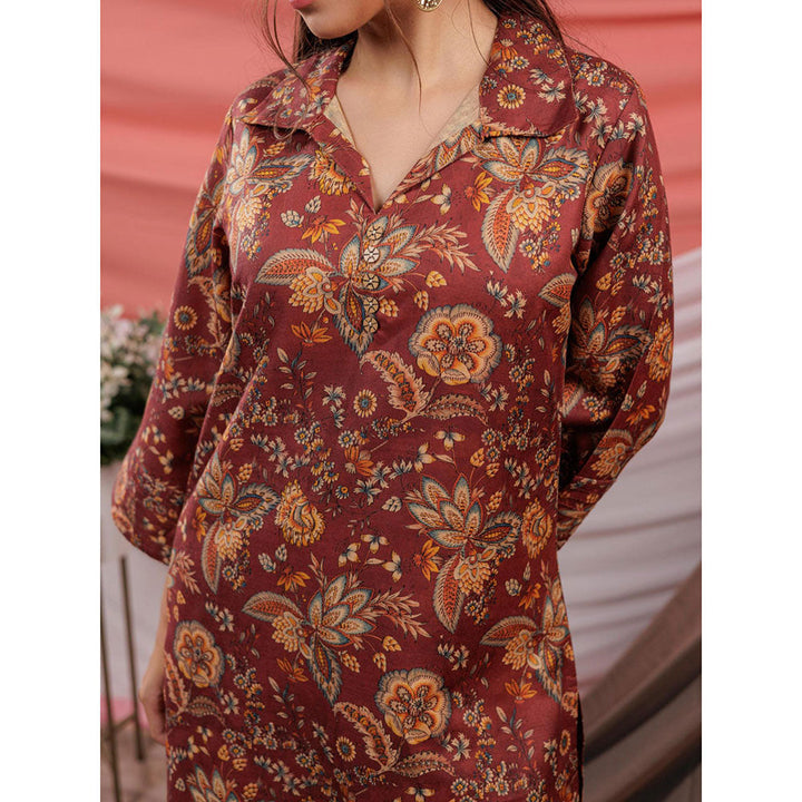 Yufta Maroon Floral Printed Kurta and Palazzo (Set of 2)