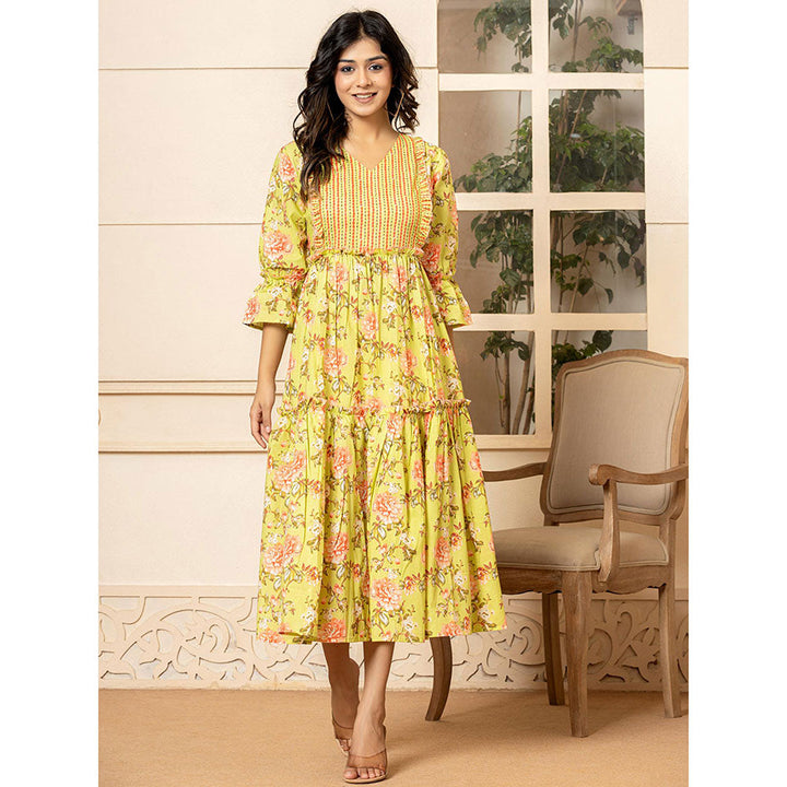 Yufta Green Cotton Floral Print Tiered Ruffles Dress