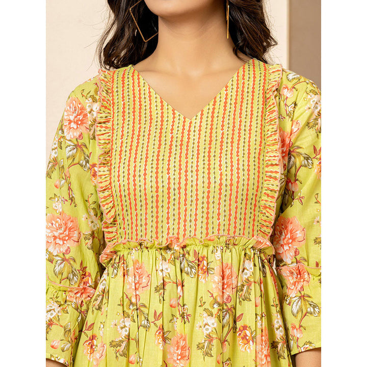 Yufta Green Cotton Floral Print Tiered Ruffles Dress